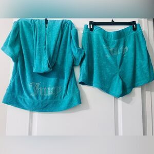 NWT Juicy Couture Teal Terry Cloth
Y2K Tracksuit Hoodie Shorts Bling L